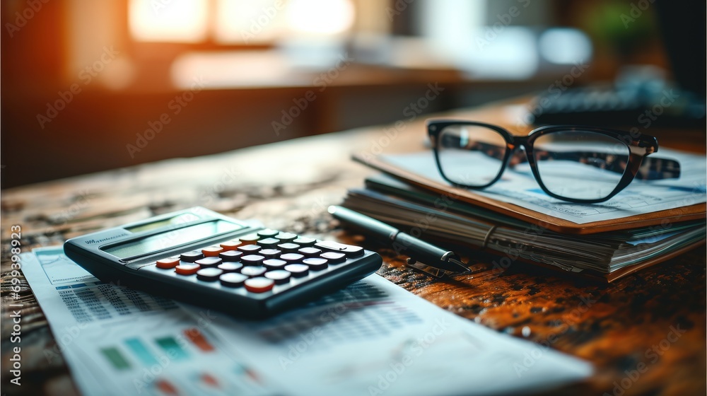 Aufkleber a stack of financial reports and charts on a wooden desk with a calculator, pen and glasses. generat