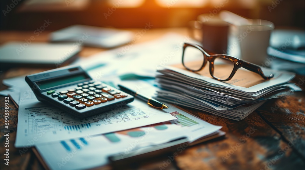 Aufkleber a stack of financial reports and charts on a wooden desk with a calculator, pen and glasses. generat