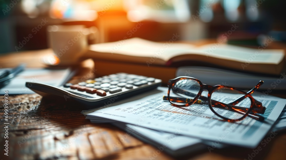 Aufkleber a stack of financial reports and charts on a wooden desk with a calculator, pen and glasses. generat