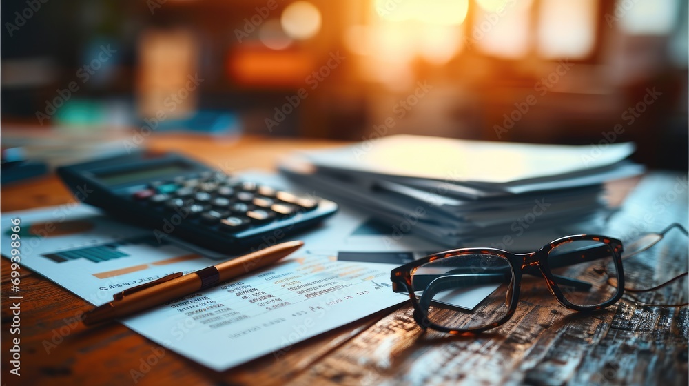 Aufkleber a stack of financial reports and charts on a wooden desk with a calculator, pen and glasses. generat