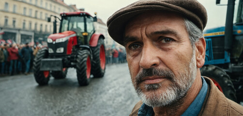 a farmer protests and demonstrates against something, tractors block the streets in a big city,...