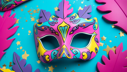 Colorful masks and confetti create a festive celebration generated by AI