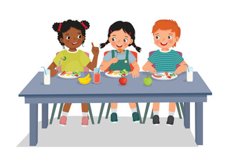 Group of kids students having lunch together at school canteen
