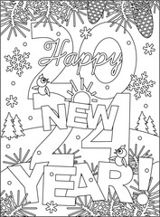 Coloring page with Happy New Year 2024 greeting. Outdoor winter scene. Sign, poster, card, banner. Black and white, printable.
