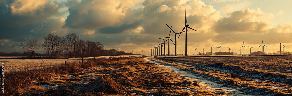 Aufkleber A line of with modern windmills generating electricity. Generative AI.