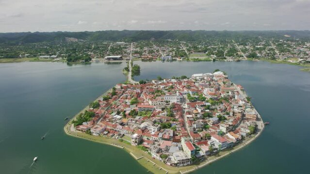 Majestic Aerial Shot Around Guatemala Village On Peten Itza Lake