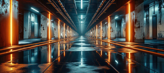 Modern abstract of a dark hallway with multiple lights. Generative AI.
