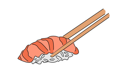 line art color of hand holding chopsticks with sushi