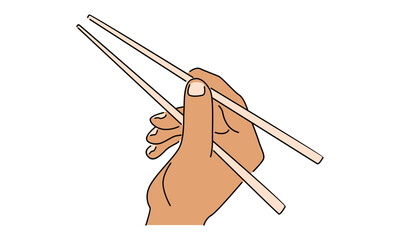 line art color of hand holds chopsticks. Asian traditional cutlery