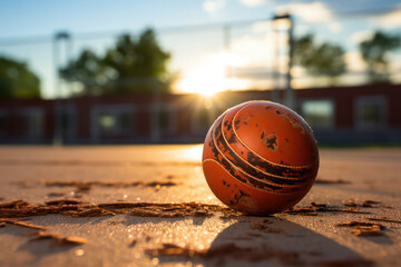 A ball sits on a court in front of a fence.
