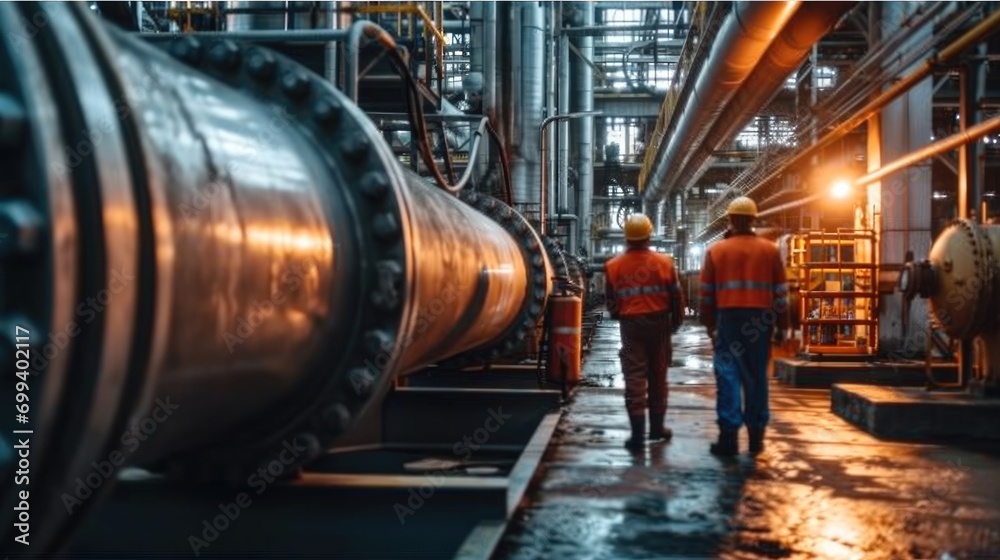 Wall mural workers inspecting and maintaining the various components of an industrial pipeline in a large facto