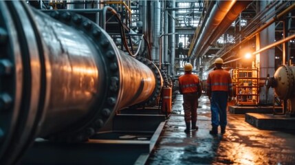 Workers inspecting and maintaining the various components of an industrial pipeline in a large factory. Generative AI. - obrazy, fototapety, plakaty