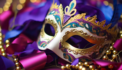 Mardi Gras celebration, masks, costumes, and mystery generated by AI