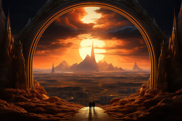 Open door on desert,at sunset.