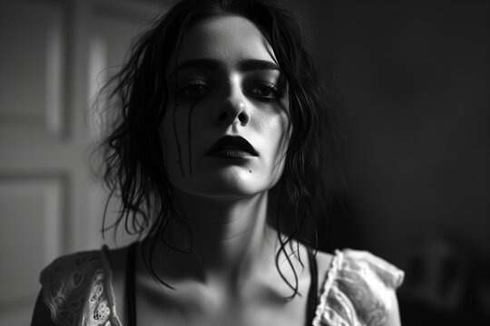 Women With Blood on Her Face, Black and White Photography