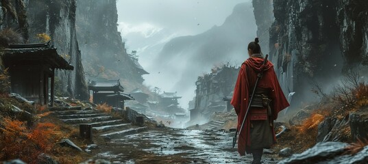 Obraz premium Samurai warrior on his journey. Fictional character. Generative AI technology.