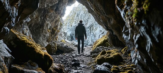 Adult trekking shot from cave. Generative AI technology.