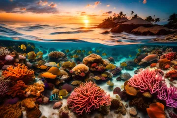 Fototapeten Vibrant coral reefs beneath the clear waters of a tropical beach, teeming with colorful marine life as the sun dips below the horizon © IBRAHEEM'S AI