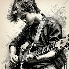 A young boy playing the electric guitar on a grunge background. Digital painting.