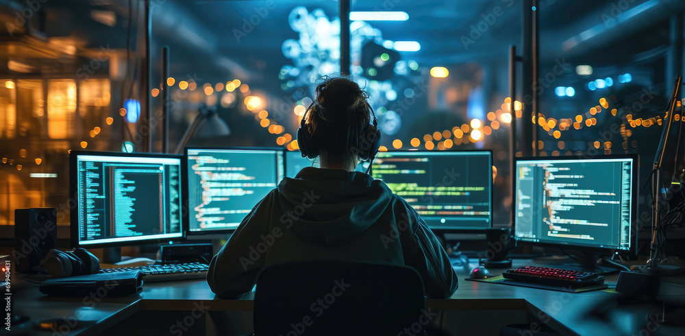 Fototapete A person sitting in front of multiple computer monitors lit up with code. Generative AI.