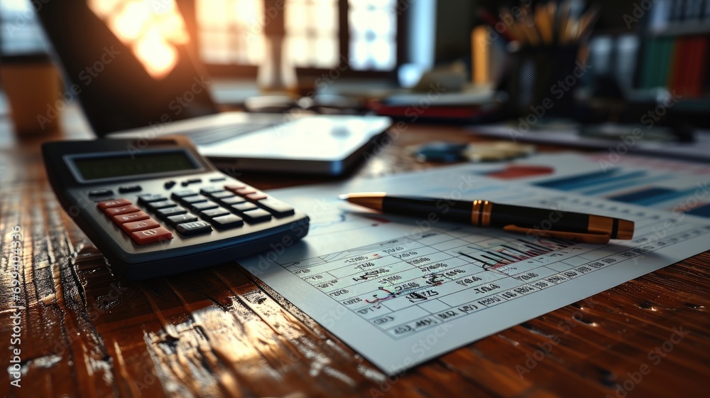 Poster Finance, Trading chart on paper with pen and calculator on wood desk. Generative AI.