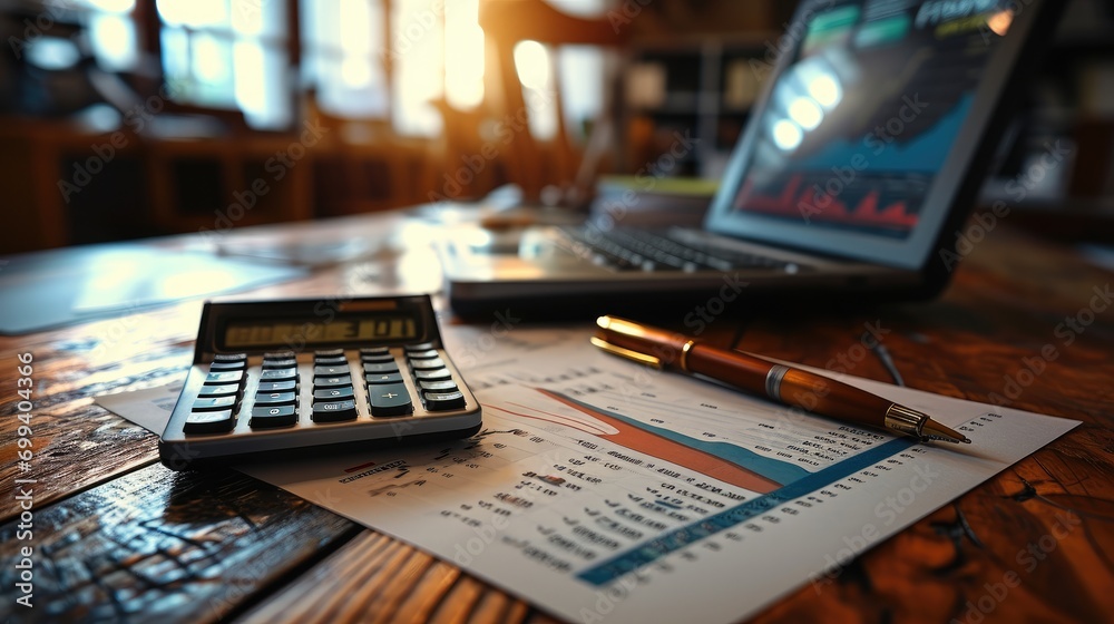 Poster finance, trading chart on paper with pen and calculator on wood desk. generative ai.