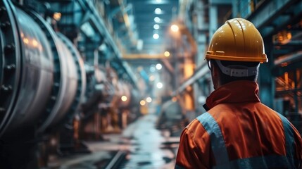 Obraz premium Worker wearing a hard hat stands in focus while the big air compressor running inside factory. Generative AI.