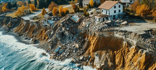 Coastline destroyed after earthquake and abrasion. Generative AI technology.
