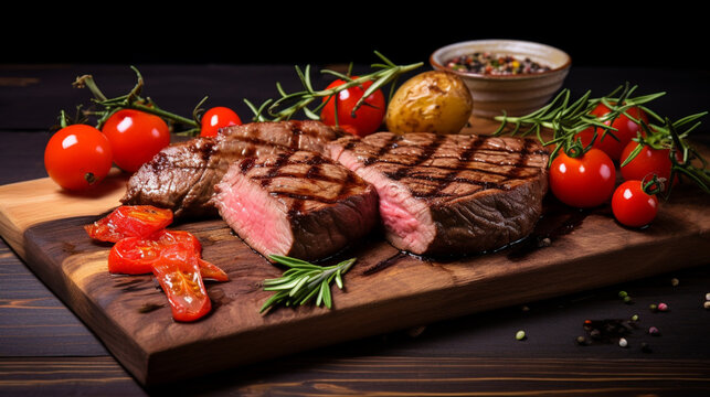 Succulent thick juicy portions of grilled fillet steak served with tomatoes. Generative AI