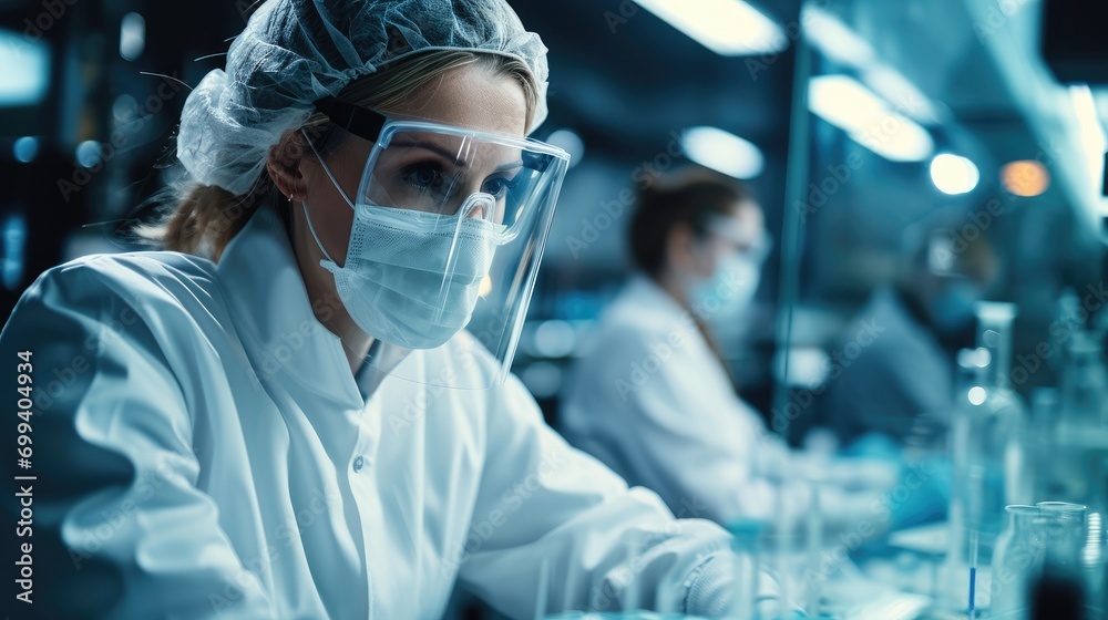 Aufkleber A scientist in a lab analyzing samples with a disposable face mask, Analytical, Sterile environment. Generative AI.