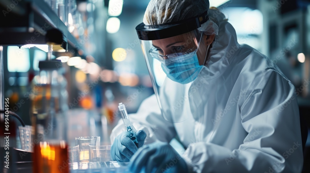 Aufkleber a scientist in a lab analyzing samples with a disposable face mask, analytical, sterile environment.