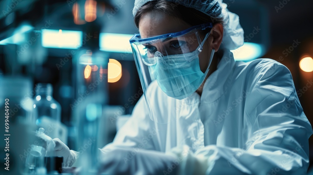 Poster a scientist in a lab analyzing samples with a disposable face mask, analytical, sterile environment.