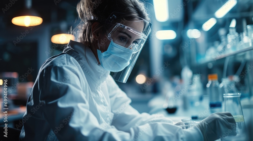 Aufkleber a scientist in a lab analyzing samples with a disposable face mask, analytical, sterile environment.