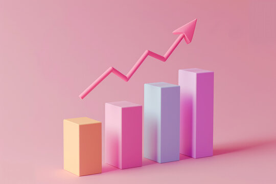 3D Bar graph chart showing growth with arrow