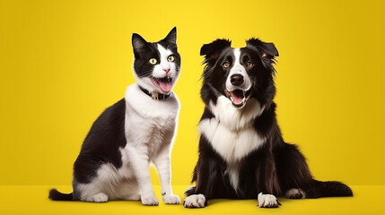 tabby cat and border collie dog in front of a blue gradient background. Generative AI