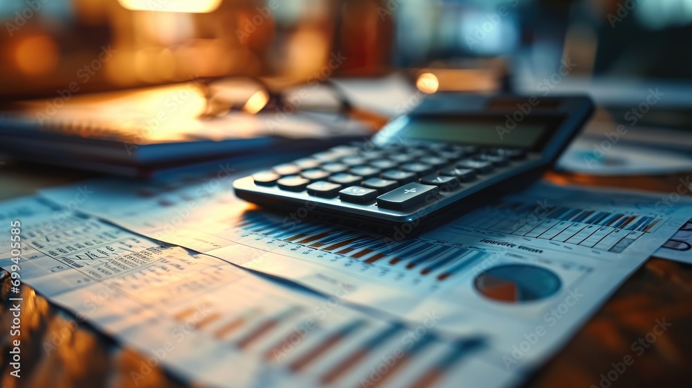 Aufkleber financial graphs, metrics, reports on table with calculator. generative ai.