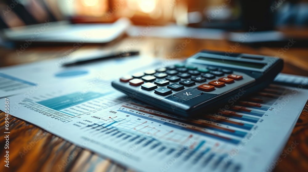 Aufkleber financial graphs, metrics, reports on table with calculator. generative ai.