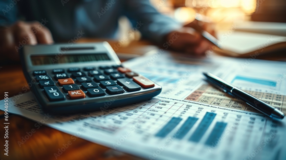 Aufkleber financial graphs, metrics, reports on table with calculator. generative ai.