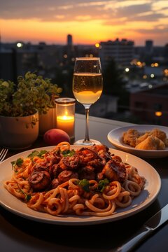 Date night scene with canned octopus and calamari salad on a romantic rooftop, Generative AI