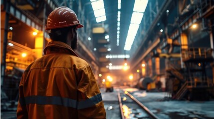 Obraz premium Male steel working wearing orange hat standing in the middle of a modern and clean steel plant. Generative AI.