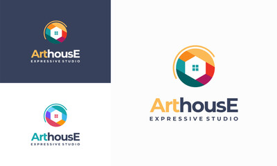 art gallery house logo. Art museum or artist school concept logo with abstract geometric shape house in multicolor design. colorful house artwork logo icon.