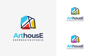 art gallery house logo. Art museum or artist school concept logo with abstract geometric shape house in multicolor design. colorful house artwork logo icon. - obrazy, fototapety, plakaty