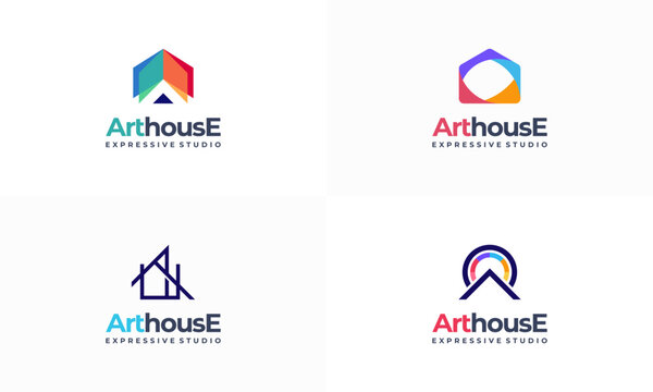 Set of art gallery house logo. Art museum or artist school concept logo with abstract geometric shape house in multicolor design. colorful house artwork logo icon.