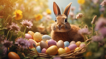 Fototapeta na wymiar Easter Bunny Surrounded by Decorative Easter Eggs in Basket for Easter Egg Hunt with Flowers in Garden