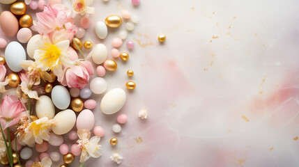 Easter background with candy eggs, jellybeans, pink and pastel colors, flowers with room for text...