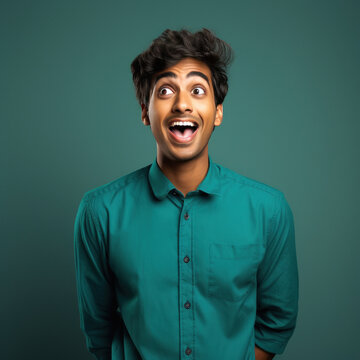 young indian man shocked on blue background
