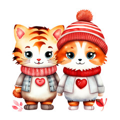 Fototapeta premium Watercolor Tiger Animal Couple Clipart Transparent Background, Valentine's day Animals Clipart, Romantic Couple Animal Clipart, Animal in Love 