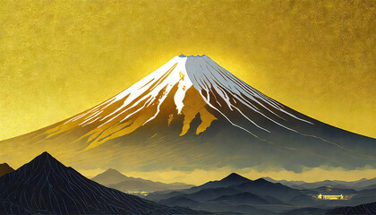 富士山　金色の背景と富士山のイメージ素材　日の出のイメージ素材　Fuji Mountain. Golden background and Mt. Fuji image material. Sunrise image material.