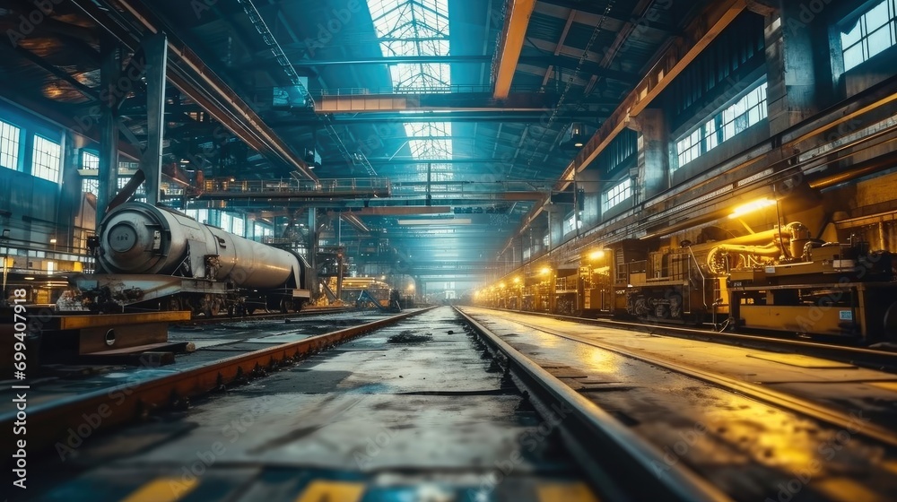 Poster an industry manufacturing machine in a large factory. generative ai.
