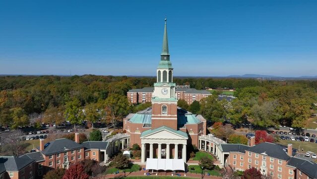Wait Chapel at Wake Forest University. Aerial rising shot on autumn day in Winston-Salem, North Carolina, USA.